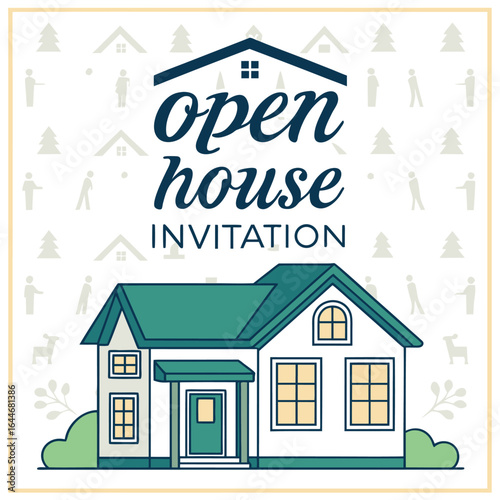 Charming open house invitation featuring a stylized house illustration and festive decorative elements for real estate events