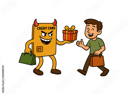 Cautionary vector illustration: A devilish credit card lures an unsuspecting man with a gift, symbolizing the dangers of overspending and credit card debt traps in consumerism
