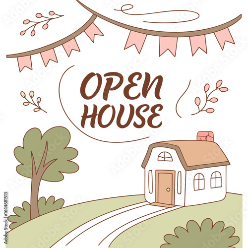 Charming open house announcement featuring a quaint house lush greenery and festive bunting inviting visitors to explore a new home
