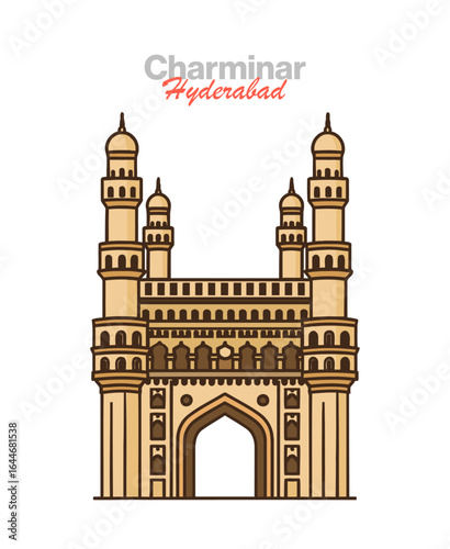 Iconic Charminar vector illustration: a historical monument and majestic Islamic architecture symbolizing Hyderabad, India's rich culture and heritage.