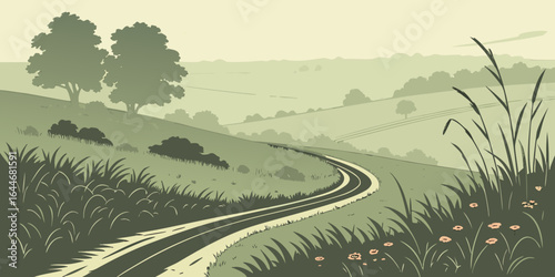 countryside road passing through lush green fields under a foggy sky vector illustration.