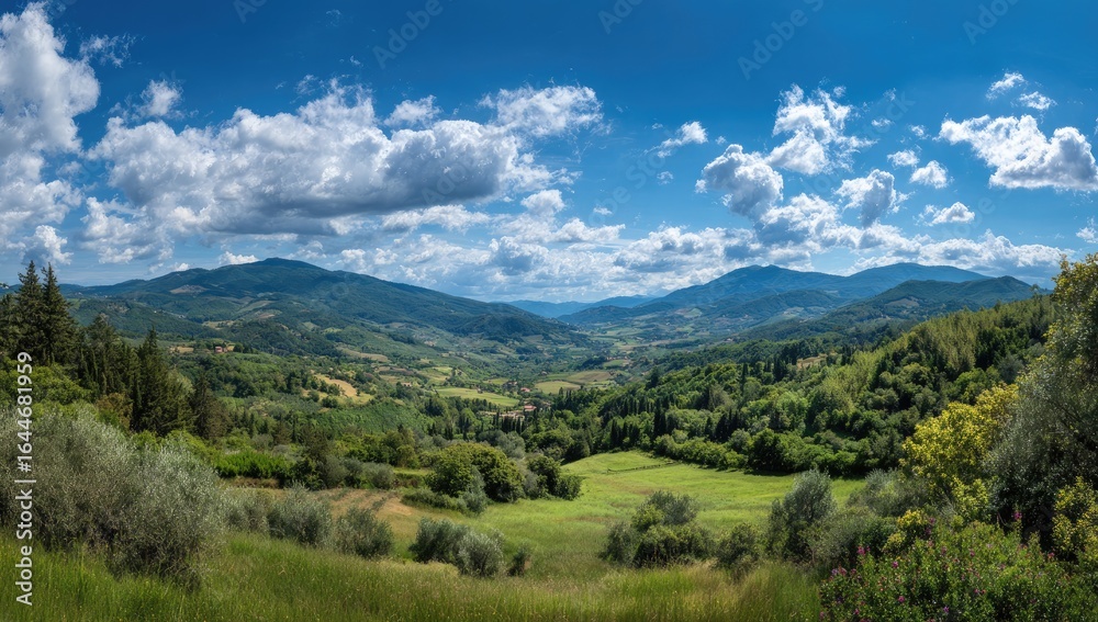 Panoramic view of a sun-drenched valley nestled between rolling green hills and mountains under a vibrant blue sky scattered with fluffy white clouds Panoramic view of a sun-drenched valley nestled between rolling green hills and mountains under a vibrant blue sky scattered with fluffy white clouds