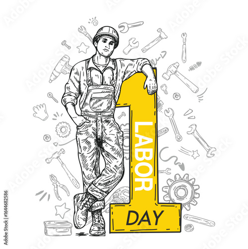 Wallpaper Mural Male laborer with Number one. Sharp line vector illustration on white background. Hand drawn illustration for various events such as Labor Day. Torontodigital.ca