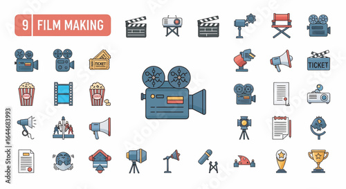 Collection of flat design icons representing film making equipment and processes.