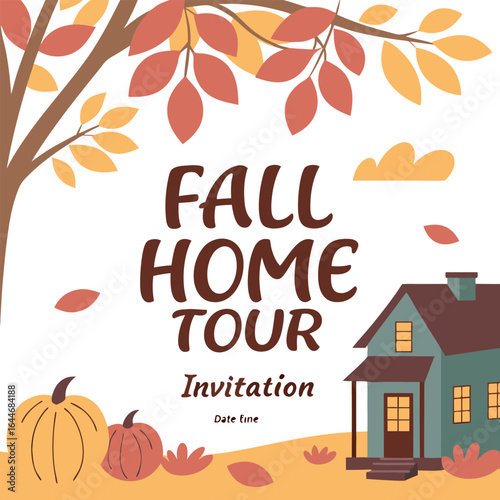 Charming fall home tour invitation featuring autumn leaves pumpkins and a cozy house design