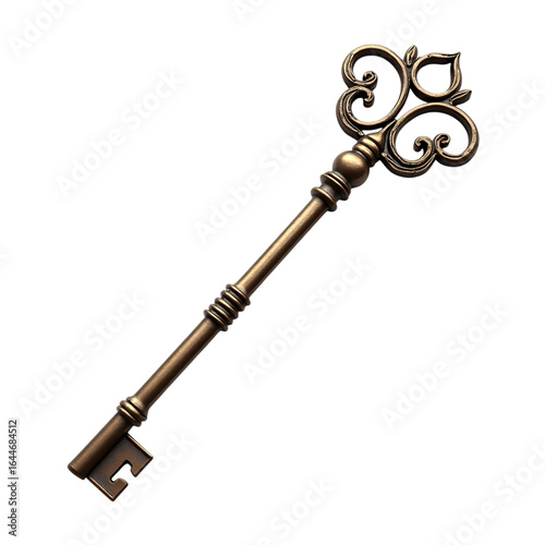 Antique ornate key on black background signifying secrets unlocking possibilities and the access to mysteries unknown and old world charm
