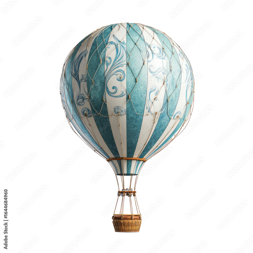 Obraz premium A vintage-style hot air balloon, blue and white striped with ornate detailing, floats against a black background. Its wicker basket is visible below