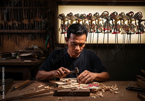 Focused Indonesian Artisan Meticulously Carves A Traditional Wayang Kulit Shadow Puppet From Leather In His Workshop Surrounded By Tools, Javanese Craftsmanship, Cultural Heritage, Handmade Art