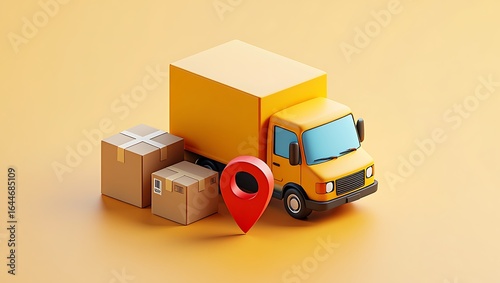 Modern 3D Illustration of a Yellow Truck Delivering Packages with a Location Pin Marker