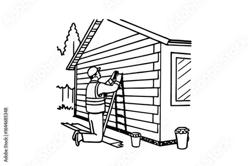 Person painting the exterior of a house with a ladder and paint bucket