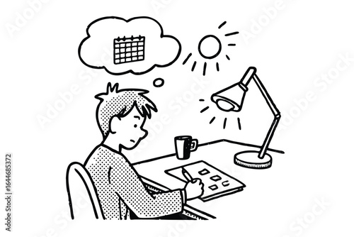 Young man working at desk with laptop and calendar planning tasks