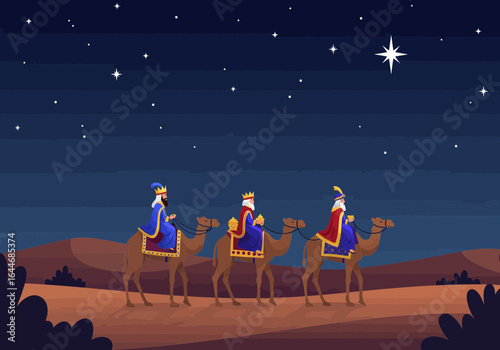 The Three Kings (Reyes Magos) following the Star of Bethlehem at night.