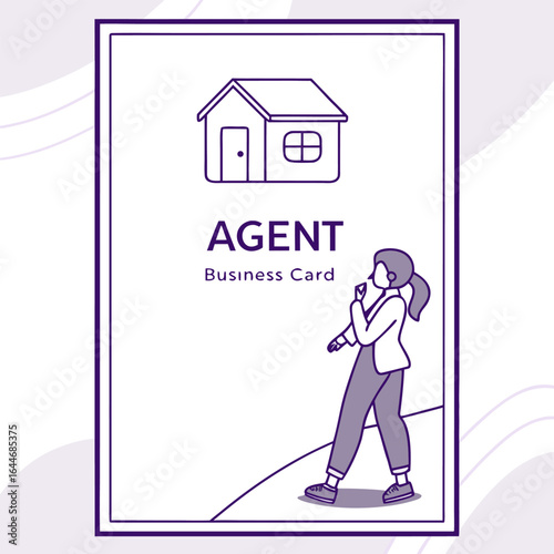 A stylized illustration of a business card for a real estate agent featuring a house icon and a person holding a card