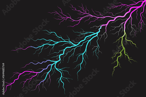 Dynamic neon lightning strikes illuminate the darkness with vibrant pink, cyan, and green energy, symbolizing power, innovation, and electrical force for futuristic designs