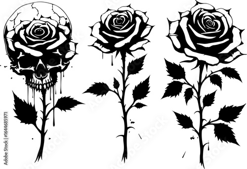 Dark Floral and Skull Tattoo Designs – Bold Black Roses and Skull Vector bundle