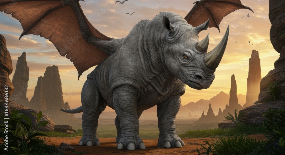 Fototapeta premium Rhino with dragon wings fantasy creature