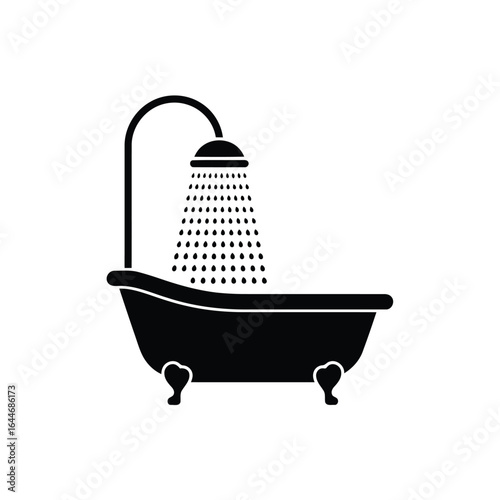 Vector illustration of Black silhouette of a bathtub with a shower head spraying water antique bathroom