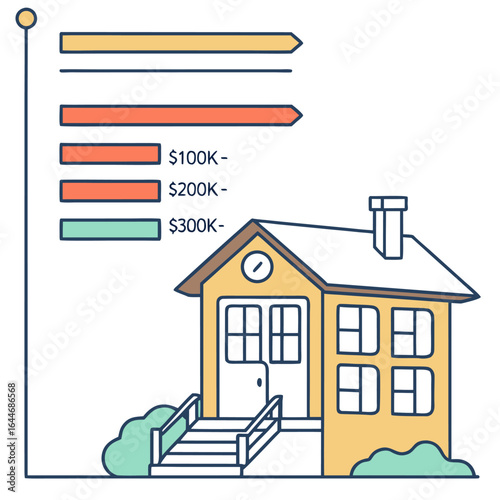 Visualizing real estate market trends with a house illustration and a bar graph indicating price ranges from one hundred thousand to three hundred thousand dollars
