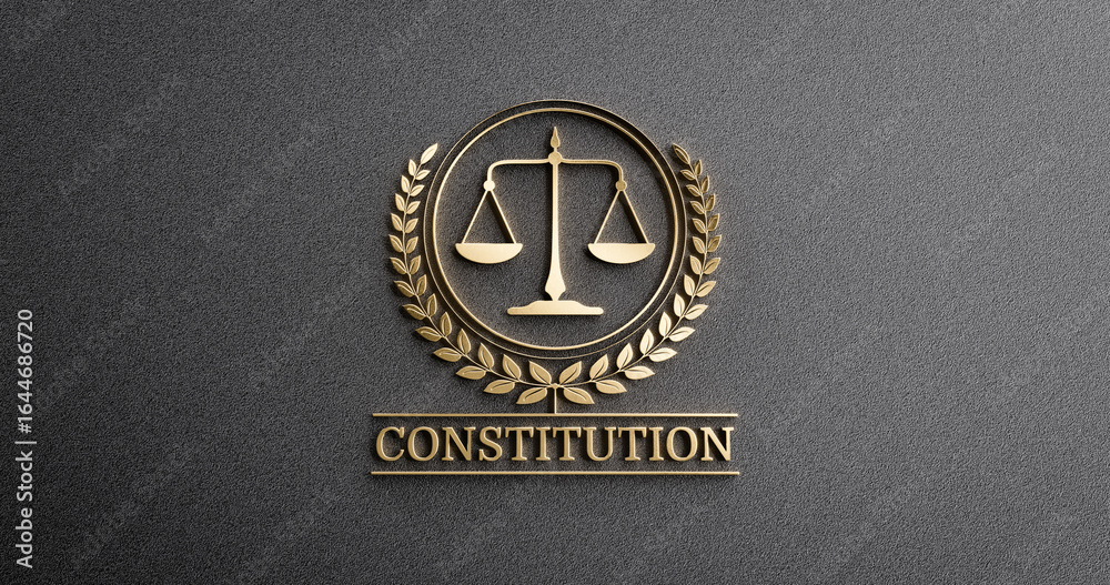 Obraz premium Constitution: Golden Icon with Scales of Justice and text. Legal Concept