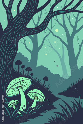 Enchanting forest path illuminated by glowing mushrooms and mystical fireflies under a canopy of ancient trees creating a serene, magical woodland scene