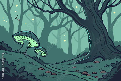 Enchanting fantasy forest scene with glowing mushrooms and mystical trees, evoking a sense of wonder and adventure perfect for storytelling and magical themes.
