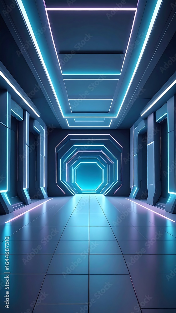 Fototapeta premium Futuristic corridor with glowing neon lights and reflective floor