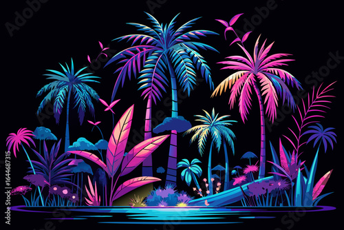 Vibrant neon jungle oasis with lush palm trees and exotic flora illuminated by electric blues and hot pinks, perfect for retro-modern tropical vibes and vibrant nightlife promotion