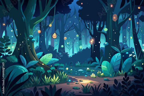 Enchanting magical forest glowing with mystical fairy lights and ethereal luminescence creating a dreamlike atmosphere perfect for fantasy storytelling or serene nature scenes.