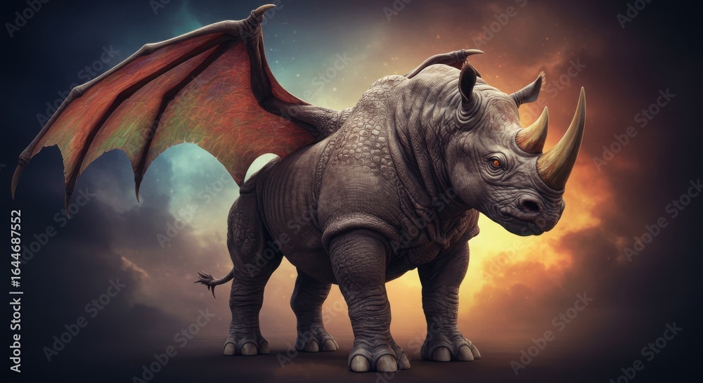 Fototapeta premium Flying rhino dragon in sunset sky