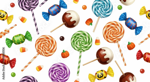 Colorful candy assortment a delightful pattern of lollipops, hard candies, and treats on a white background