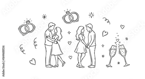 Romantic Wedding Elements Rings, Couples, and Champagne Glasses - Line Art