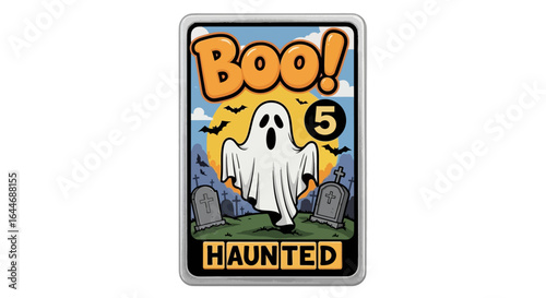 Spooky ghost card illustration featuring a playful specter in a haunted graveyard setting, perfect for Halloween themes or supernatural game designs.
