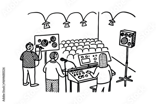Hand drawn illustration of a debate or presentation with audience and sound equipment