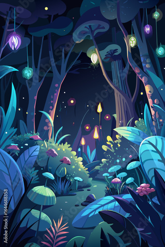 Enchanting fantasy forest glade alive with magical glowing mushrooms and bioluminescent flora creating a dreamlike, mystical atmosphere perfect for captivating storytelling and design.