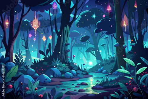 Enchanting mystical forest scene bathed in magical bioluminescent light with glowing flora and a serene river flowing through, creating an ethereal and dreamlike atmosphere perfect for fantasy.