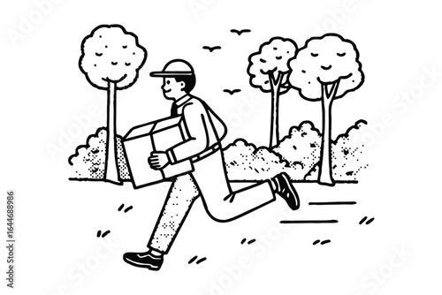 Man in a hat and vest running with a briefcase in a stylized forest