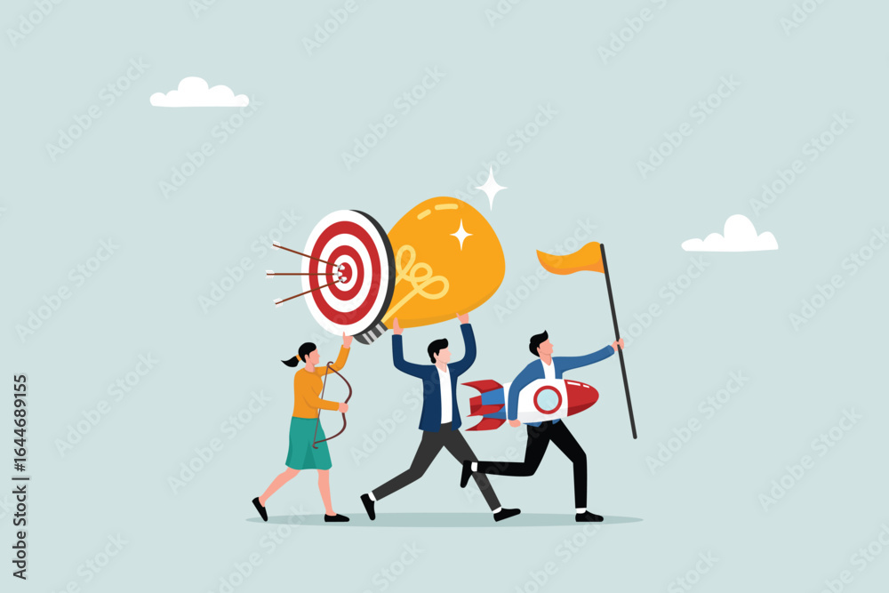 Entrepreneurship, thinking and developing new ideas, organizing and launching new innovation products, business people holding winning flags, rockets, light bulb ideas and target plans. Entrepreneurship, thinking and developing new ideas, organizing and launching new innovation products, business people holding winning flags, rockets, light bulb ideas and target plans.