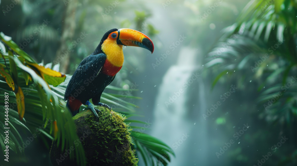 Naklejka premium Vibrant toucan perched in lush rainforest with waterfall