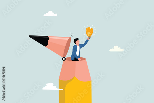 Creative ideas, inspiration or imagination for new ideas, creativity, knowledge learning or written content concepts, creative young entrepreneurs open the pencil cap and find a new light bulb idea.