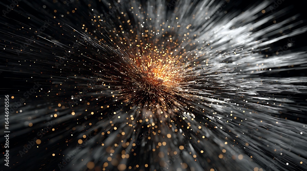 Obraz premium Abstract explosion with golden light and bokeh particles, creating a dynamic and energetic burst of speed and motion on a black background