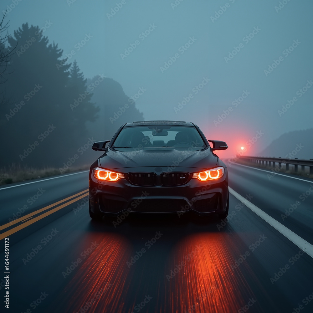 Fototapeta premium Sporty black car with glowing headlights driving on a foggy road at night