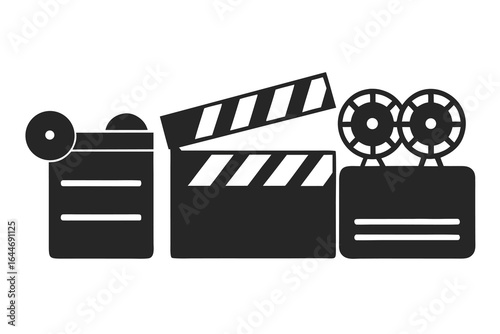 Black and White Clapperboard, Movie Camera, and Film Reel Depicting the Film Industry Elements