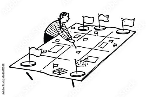 Businessman arranging a complex system of interconnected boxes and pathways
