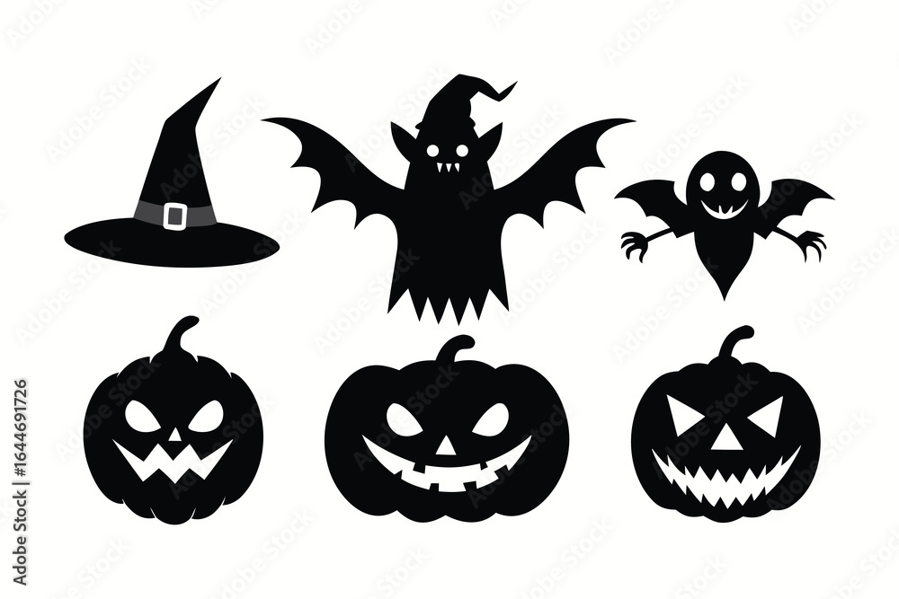 Obraz premium Black and White Halloween Silhouettes Witch Hat, Vampire Bat, Ghost, and Carved Pumpkins