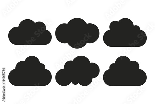 Black and White Featuring Six Cloud Icons with Unique Shapes Isolated on White