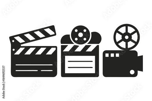 Black and White Showing a Clapperboard, Film Reel, and Vintage Film Camera