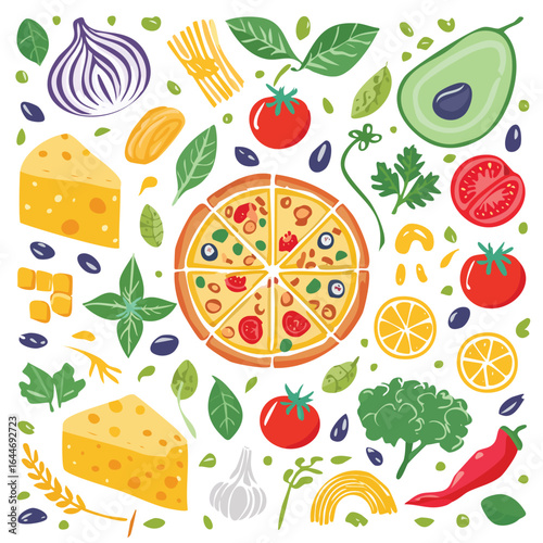 Sliced pizza surrounded by fresh ingredients and pasta food