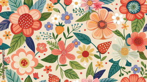 Whimsical floral pattern with strawberries and leaves in muted tones strawberry flower