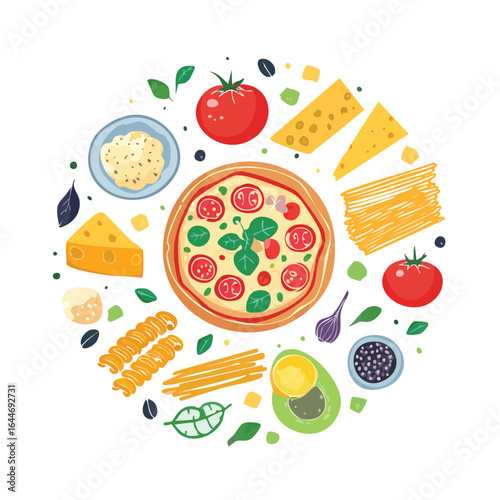 Italian Food Ingredients Pizza Pasta Cheese Tomatoes Avocado Garlic Olives vector