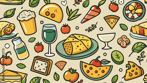 Cartoon food and drink pattern with cheese pizza and sandwiches illustration